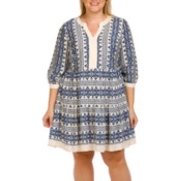 NEW Figueroa Flower Boho Woven Dress plus size summer 3/4 Sl L Blue Print 3X - Picture 1 of 11